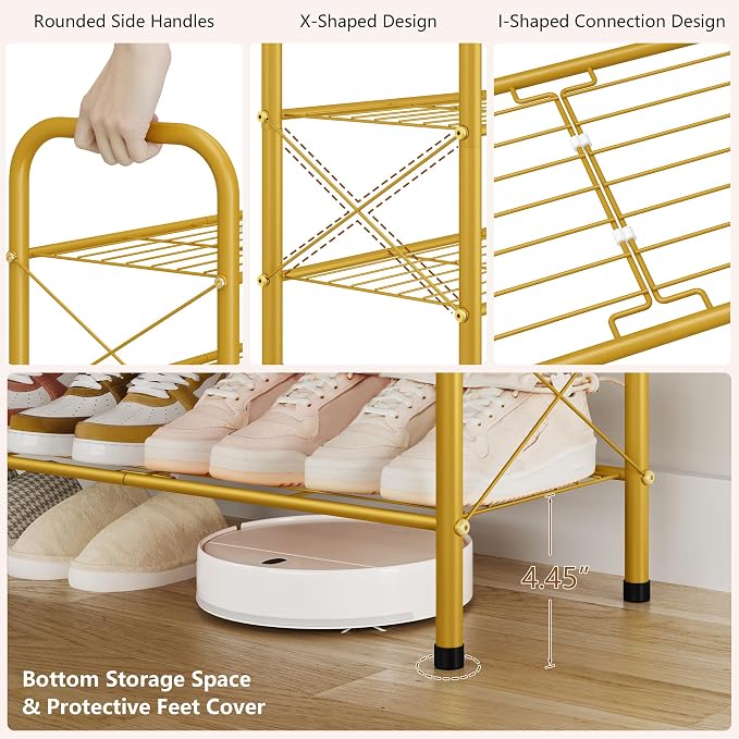 Hoctieon 8 Tier Shoe Rack for Closet, Durable Mesh Style Shoe Rack, Entryway Shoe Shelf, Shoe Storage Organizer for Hallway, Bedroom, Living Room, Wardrobe, Gold