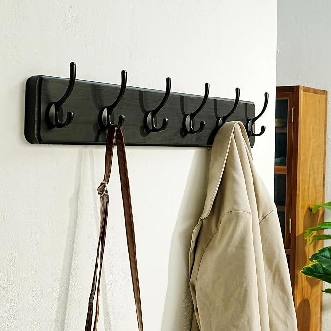 Coat Rack Wall: 24" Long, Patented, Heavy-Duty, 6-Double-Hooks Wooden Wall Mounted Coat Rack Coat Hanger Hook Rail for Winter Coats Hat Jacket Clothing, Black