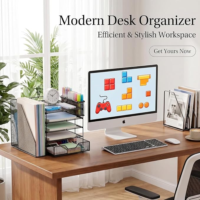Desk Organizers and Accessories, 5-Tier Paper Letter Tray Organizer with File Holder, Drawer & Pen Holder, Office Desk Accessories, Desktop Organizer for Classroom Office Supplies, Black