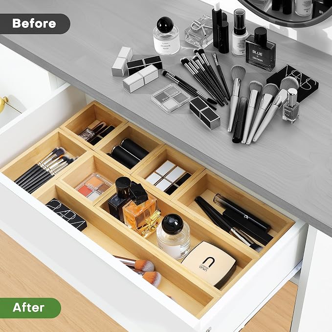 MapleGrace Bamboo Drawer Organizer Set, 9 PCS Wood Storage Organizers | Multi-Use Junk Drawer Divider, Storage Trays Containers for Kitchen, Bathroom, Office Desk, Makeup, Jewelry, Utensils