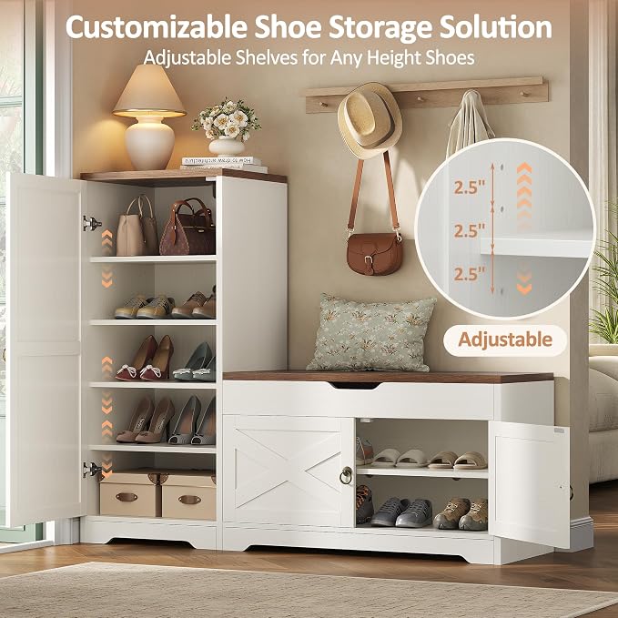 47'' Shoe Cabinet with Bench Seat, 7-Tier Shoe Storage Bench for Entryway with Adjustable Shelves, Hidden Lift Top Storage and 0.7'' Top Panel for Hallway Entrance, White