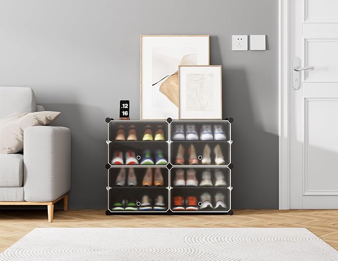 HOMIDEC Shoe Rack Organizer 16 Pair Modular Shoe Storage Cabinet for Closet | PP Plastic, Sturdy Steel Frame, Waterproof, Dustproof, Easy Clean, Shoe Shelves for Closet Garage Hallway Bedroom Entryway