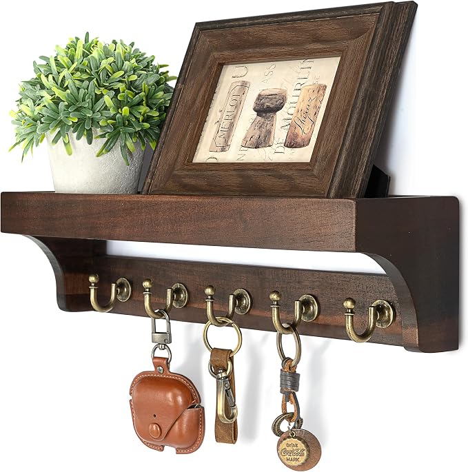Rebee Vision Acacia Wood Key Holder Wall Mount for Home Decor, Dark Brown | 5 Key Hooks, Rustic Key Holder for Wall with Shelf, Perfume & Plant Display, Stylish Entryway Organizer for Apartment