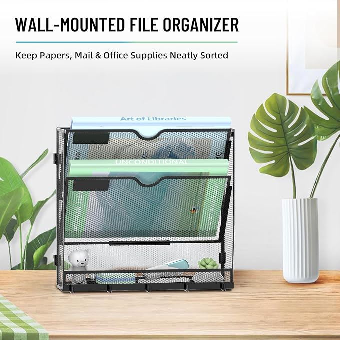 3-Tier Wall File Organizer with 5 Hooks, Wall Mounted Mail Organizer | File Holder Organizer, Metal Mesh Office Wall Organizer for Home, School & Classroom