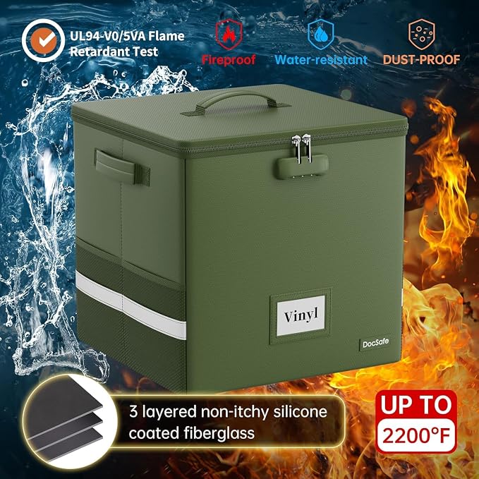 DocSafe Vinyl Record Storage Box with Lock,Fireproof Record Organizer Storage for 100+ Single Records(12-inch), Collapsible Storage Crate with Lid & Handles for Valuable Album Collection,Green,2 Pack