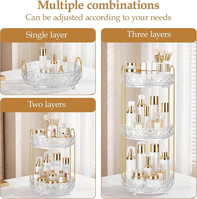 360 Rotating Makeup Organizer for Vanity, 2 Tier Adjustable Perfume Organizer for Dresser, Multi-Function Spinning Cosmetics Skincare Storage for Bedroom, Dresser, Countertop, Clear