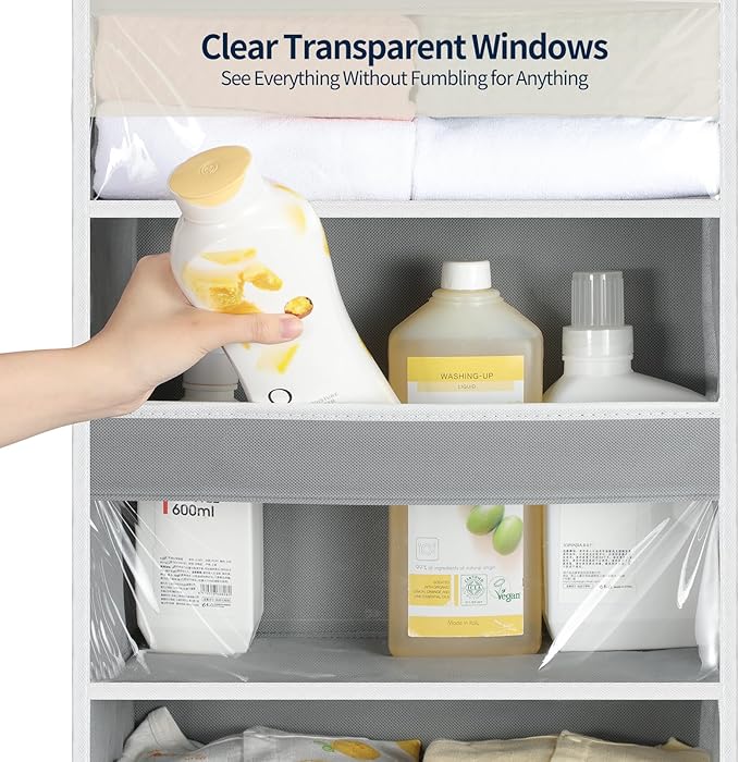 Yecaye Over the Door Organizer 5 Tiers, Heavy Duty Hanging Storage with 5 Large Clear PVC Pockets and 10 Side Pockets, 56lbs Capacity for Closet Door Bathroom Bedroom Nursery Dorm Laundry Room, Grey