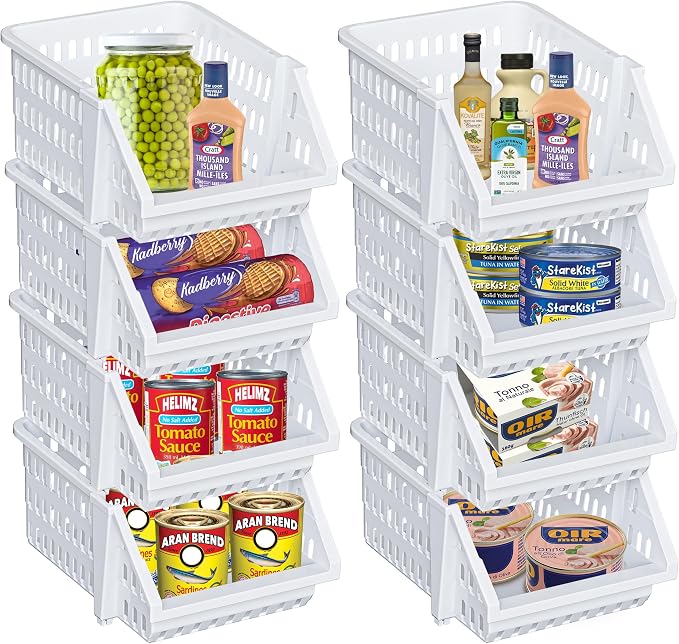 Small Stackable Storage Bins Open Front for Pantry Storage, 8 Pack - White | Sturdy Plastic, Easy Stacking, Open Front Access, Ventilated Sides, Vertical & Space Saving Pantry Organizers and Storage Bin
