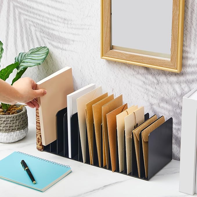 Suzile Metal Desktop File Organizer, 15 Compartments, Vertical File Sorter, Black, 5.79 W x 15.75 L x 5.41 H, Office, Reception Areas, Workspace