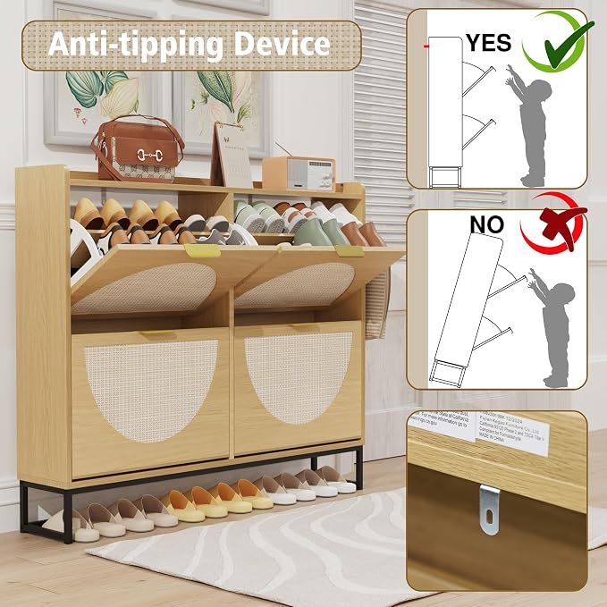 KIGOTY Narrow Shoe Storage Cabinet, Shoe Cabinet with 4 Flip Drawers, Freestanding Shoe Organizer with Legs for Entryway, Slim Shoe Rack Cabinet for Enterway (Rattan Oak, 4 Flip Drawer)