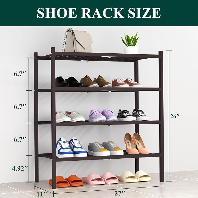 Smiry Bamboo Shoe Rack, 14 Vertical Slats, 4 Tier - 26.8" Wide, Brown | Stackable Free Standing Wooden Shoe Organizer, Wood Shoe Storage Shelf for Closet, Entryway, Thicher Leg