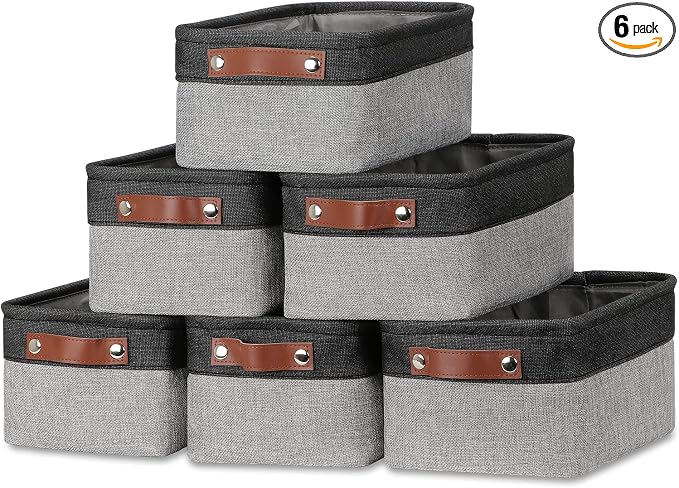 DULLEMELO Small Storage Baskets for Shelves, Small Fabric Collapsible Rectangular Storage Bins for Shelves, Closets, Nursery, Home, Office, Empty Gift Baskets (6-Pack, Black&Gray)