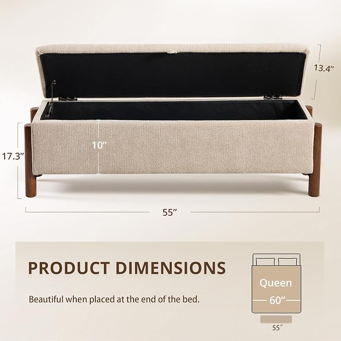 55'' Modern Storage Ottoman Benches | Walnut Wood Legs 26 Gallons Storage Space Fabric Upholstered Seating End of Bed for Bedroom Livingroom Khaki