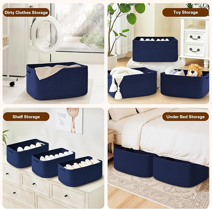 3 Pack Large Storage Basket for Organizing, 17.5"x13"x7" Woven Basket for Shelves, Closet Cube Storage Bins with Wrapped Handle, Cotton Rope Baskets for Kitchen, Clothes, Toys(Navy Blue)