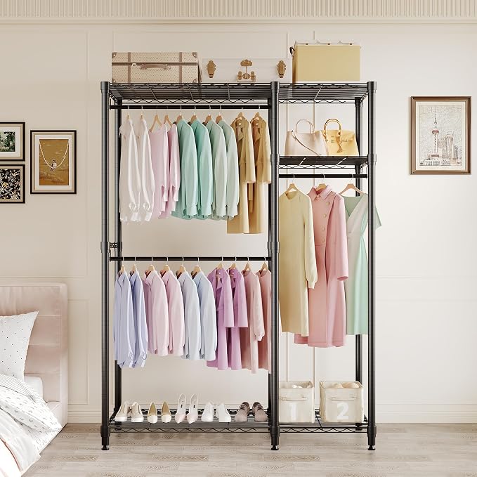 Heavy Duty Garment Rack 700LBS Load Clothes Rack for Hanging Clothes Wardrobe Closet with Adjustable Shelves & 2 Hanging Rods 43" D x 15" W × 76'' H Black
