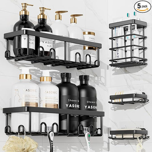 YASONIC Shower Caddy Adhesive, 100% Rustproof Shower Organizer with Soap and Toothbrush Holder, Large Capacity Shower Shelves for Inside Shower, No Drill Shower Storage for Home (5 Pack Black)