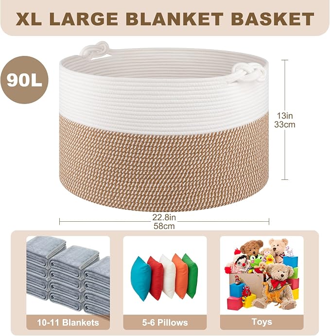 OIASKET Large Blanket Storage Basket for Living Room, 22.8" x 22.8" x 13" Woven Cotton Rope Basket with Handles, Baby Toy Storage, Laundry Hamper for Clothes, Pillows, Towels-Yellow and White