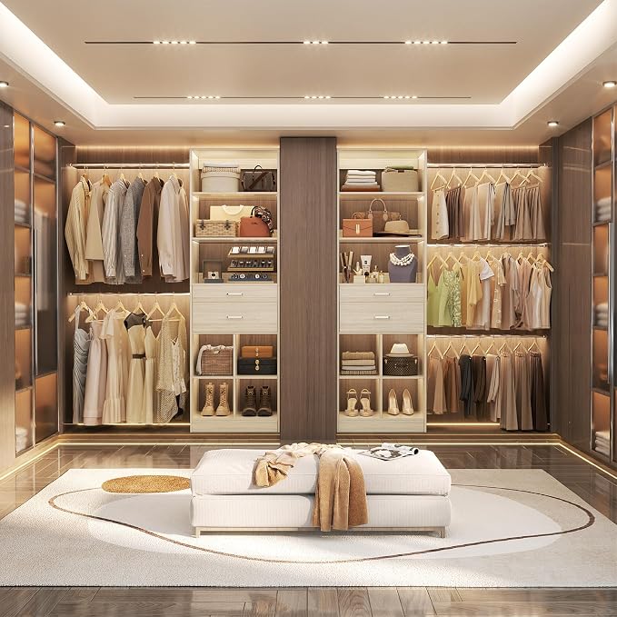 Besiost Closet System, 4-8 FT Closet Organizer Tower with 2 Wooden Drawers and Shelves, Can Fit 60 to 96 inch Walk-in Closet System with 5 Hang Rods, Built-in, Greige Oak