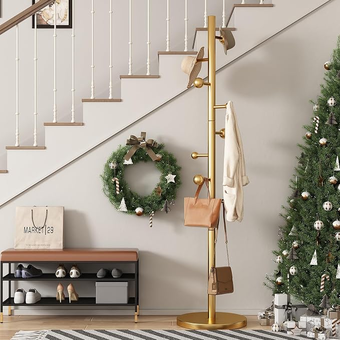 Coat Rack Freestanding Coat Tree with 8 Hooks Coat Hanger Stand,Gold | Heavy Duty Metal Coats Rack Stand for Jacket Hat Clothes Bag Stainless Steel Hall Tree Hat Racks for Entryway Bedroom Hallway