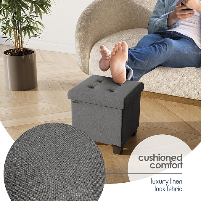 Storage Ottoman Cube with Small Bin, 15-in Square Ottoman with Storage for Living Room and Bedroom, Small Ottomans Foot Rest, Fabric Foot Stools Ottomans Max 330lbs, Grey
