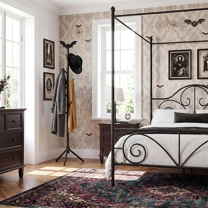 RattanView Wooden Bat Coat Rack Gothic Freestanding Coat Rack with 8 Hooks and 3 Adjustable Size Tree Racks for Hats Scarves Handbags Bedroom Hallway Entrance Office
