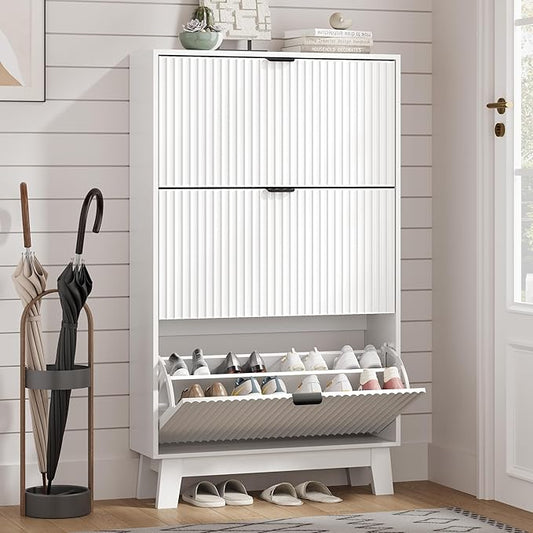 Shoe Cabinet Storage for Entryway with 3 Flip Drawers, Fluted Narrow Shoe Organizer with Wooden Legs, Freestanding Slim Shoe Storage Hidden Shoe Rack Organizer for Front Door Entrance, Hallway, White