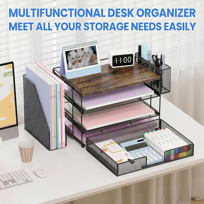 OPNICE Desk Organizer, 4-Tier Desktop File Organizer with Drawer and Pen Holders, Office Desk Accessories, File Sorters, Workspace Organizers for Office Supplies(Wood - Metal Pen Holder)