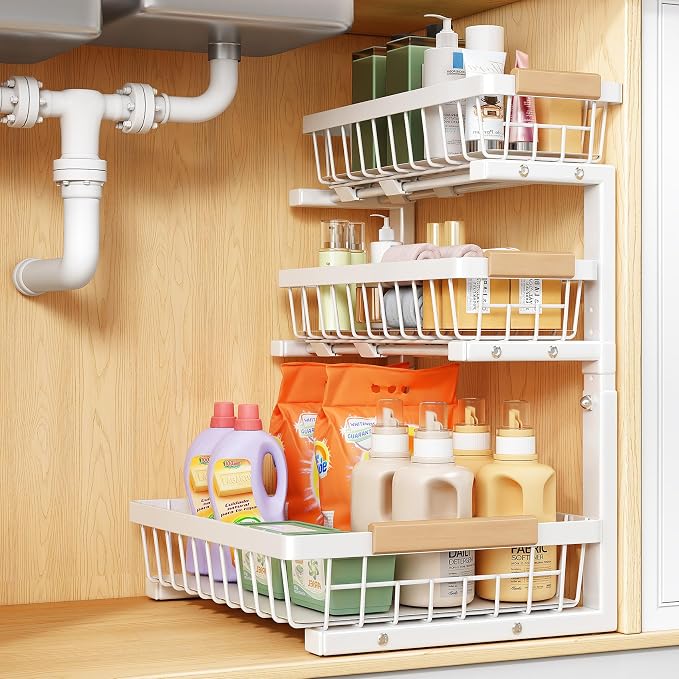 PXRACK Under Sink Organizer, 1-Pack 3-Tier Height Adjustable Thickened Metal Pull out Cabinet Organizer Shelf, Slide out Storage Drawer Rack for Bathroom Kitchen Pantry Home Organization, White