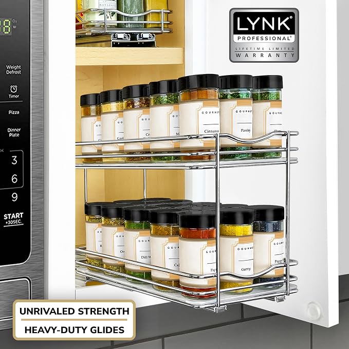 LYNK PROFESSIONAL® Pull Out Spice Organization for Cabinets - 6-3/8 inch Wide – Spice Rack for Inside Cabinets, Slide Out Spice Rack Organizer for cabinet – Pull Out Spice Rack, Sliding 2 Tier Chrome