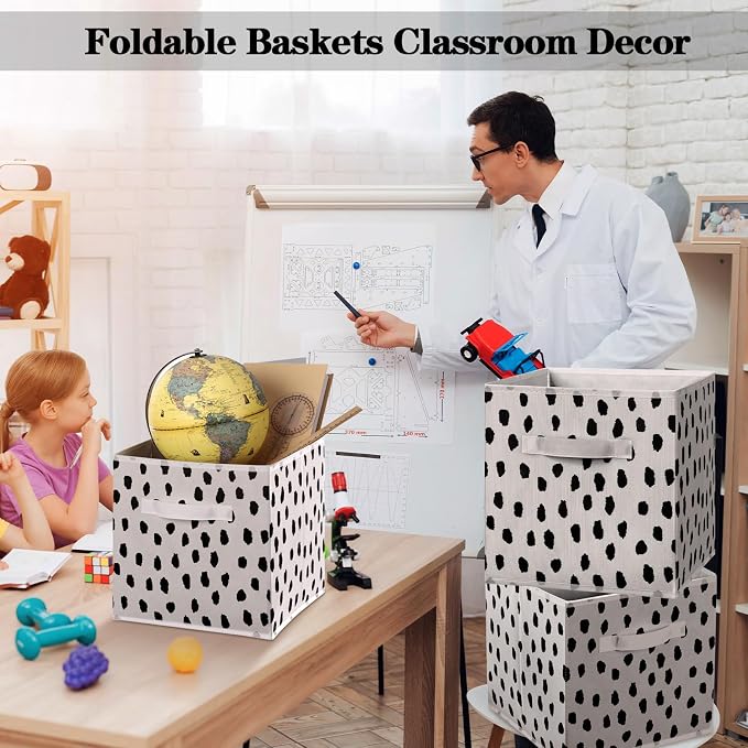 6 Pcs 11 Inch Fabric Storage Cube Bin Foldable Woven Storage Cubes for Classroom Basket Bin Classroom Organizer with Handle Decor for Organizing Clothes, Toys, Books, Shelves(Polka Dots)