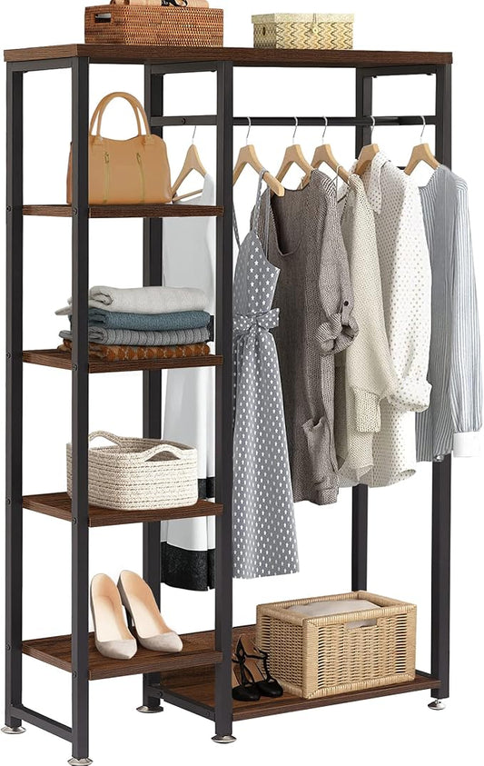 VECELO Open Garment Clothing Rack, Free-Standing Heavy Duty Storage Closet with 5 Shelves and Hanging Rod for Small Spaces, Max Load 350LBS, Brown