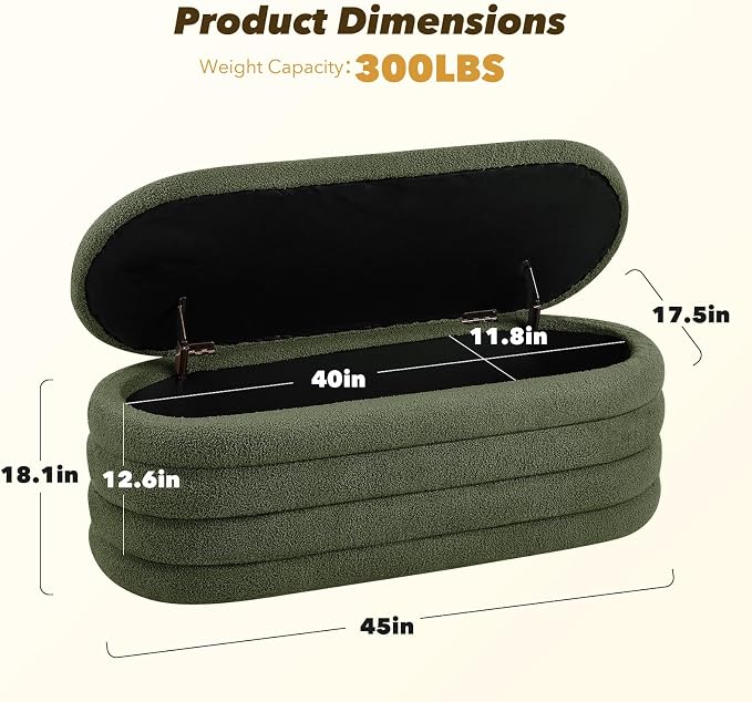 Storage Ottoman Bench, 45'' Upholstered Boucle Ottoman with Storage, Aesthetic End of Bed Bench for Bedroom Living Room Entryway, Green