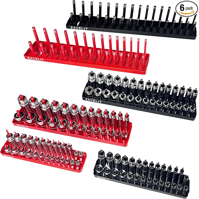 EACELIY Socket Organizer Tray Set,1/2", 1/4" and 3/8" SAE & Metric Deep & Shallow Socket Holder Kit, Deep and Shallow Socket Holders for Toolboxes(sockets not included) 丨6PCS