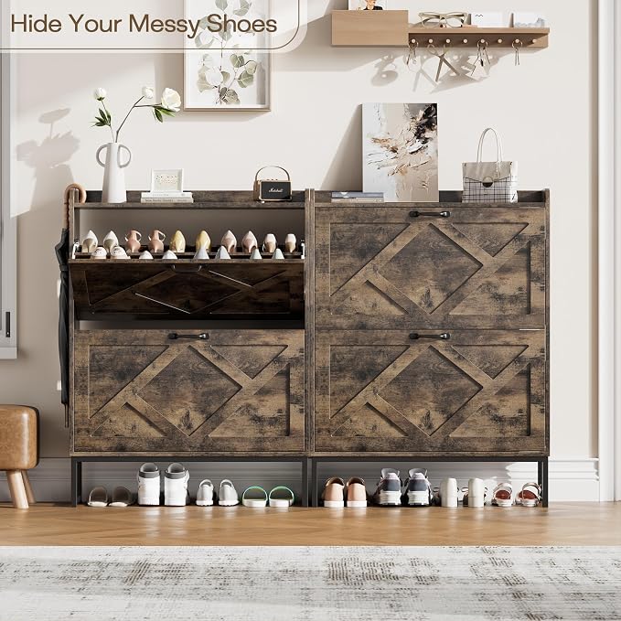 Nicetree Shoe Cabinet with 2 Flip Drawers, Entryway Organizer, Chestnut | Slim Wood Shoe Rack with Metal Legs, Farmhouse Shoe Cabinet Storage for Entryway, Foyer, Hallway, Shoe Dresser with Hook