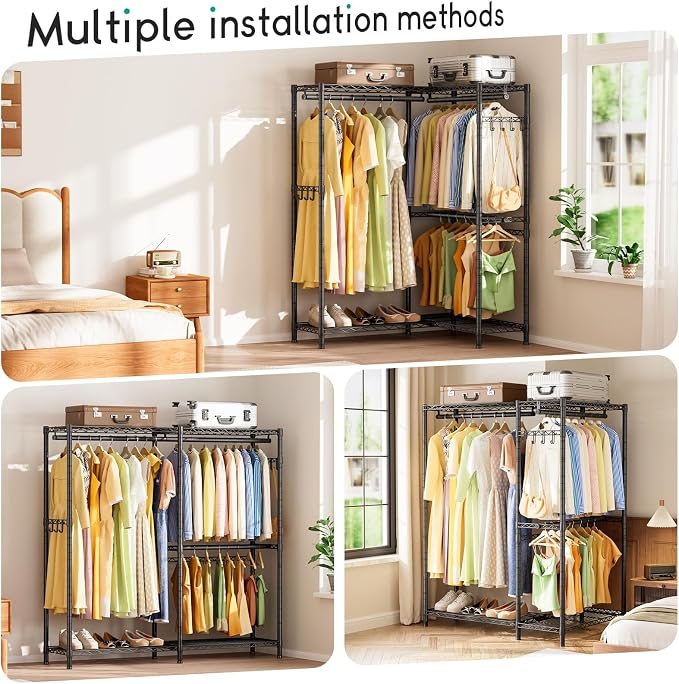 SINGAYE Heavy Duty Portable Closet Metal Clothes Racks Wardrobe with Shelf | Armoire Garment Rack Coat Rack with Adjustable Shelves Organizer and Storage for Hanging Freestanding Clothes Clothing Black
