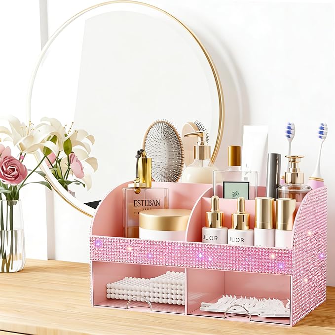 Bling Makeup Organizer with Drawers, Cosmetic Storage for Dresser Vanity and Bathroom Countertop, Beauty Holder for Lipstick Brush, Skincare Organizer for Vanity, Cosmetic Display Case Bling Pink