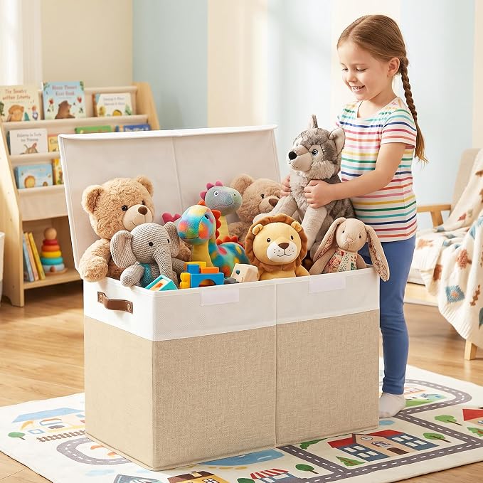 Bagnizer Large Toy Storage Box with Lids, Collapsible Sturdy Baby Storage Organizer Chest Bin Basket for Kids, Boys, Girls, Playroom, Nursery, Bedroom, Closet 25"x13"x16" (Beige and White)