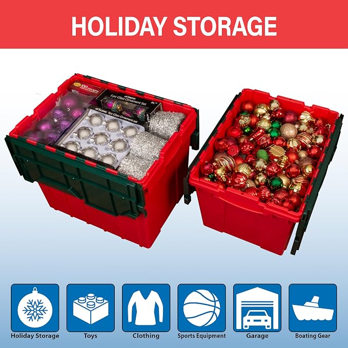 Akro-Mils KeepBox 18 Gallon Storage Container, Nesting and Stackable Plastic Storage Box with Lid Attached, Organizer Tote for Garages, Closets, and Moving, 21" x 15" x 17", Red/Green