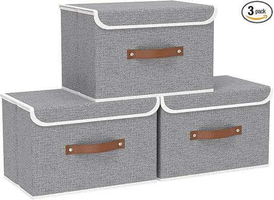 Yawinhe Storage Bins with Lids,Grey,17.7x11.8x11.8in,3-Pack | Fabric Container with Leather Handle,Washable Home Basket, Clothes Blanket Storage Boxes,Collapsible Closet Organizer