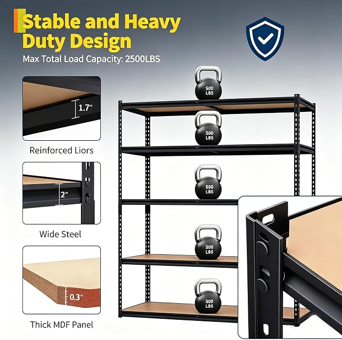 Heavy Duty Garage Storage Shelves, 5-Tier Metal Adjustable Shelving Unit, Storage Shelving with 2500 LBS Capacity for Kitchen Pantry Basement Bathroom Laundry, 30" l x 12" w x 60" h