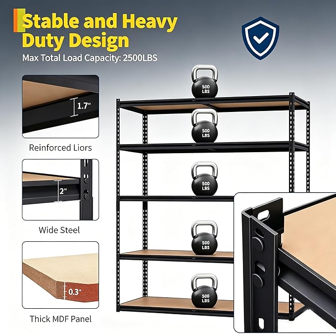 Heavy Duty Garage Storage Shelves 5-Tier Metal Adjustable Shelving Unit Storage Shelving for Kitchen Pantry Basement Bathroom Laundry, 2500 LBS Capacity, 48" l x 18" w x 72" h