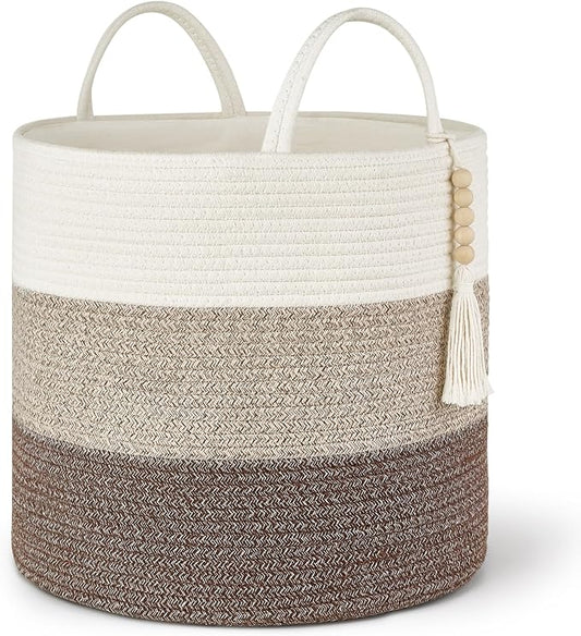 Mkono Woven Storage Basket for Blanket, Toys Plant Organizer, 16"W x 13.8"L | Gradient Brown, Decorative Basket with Handle, Wood Beads Tassel, Shoes Clothes Storage Bin, Living Room Bedroom Nursery