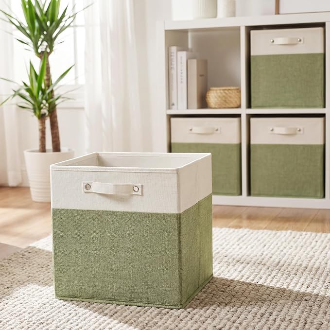 FinishingBo 13 inch Cube Storage Bins with Handles 6 Pack | Foldable Linen Storage Baskets, Closet Organizers, Shelf Baskets, White Green