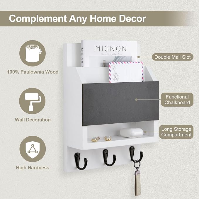 Key and Mail Holder for Wall, Key Holder with Chalkboard and Long Storage Box, Key Hanger with 3 Sturdy Hooks for Coat, Dog Leash, Entryway Mail Organizer (White)
