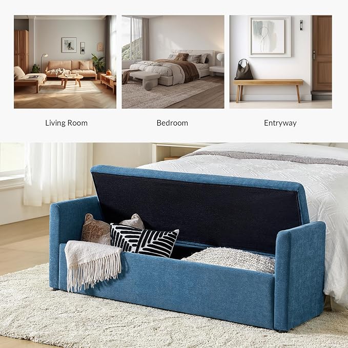 HULALA HOME 59" Storage Bench with 2 Throw Pillows & Armrests, Teal | Modern Long Bedroom Bench for End of Bed, Comfy Upholstered Fabric Footstool for Entryway Living Room