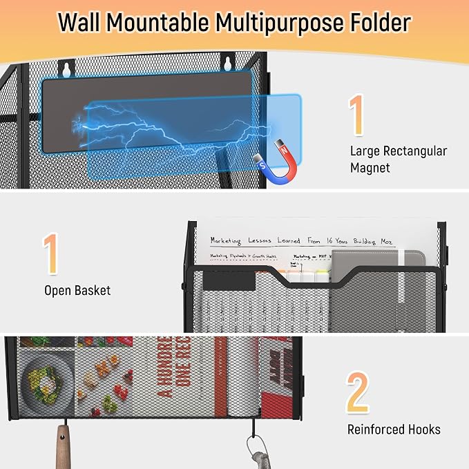 Docnest 6 Pack Dual-Mount Magnetic Mesh File Holders, Wall Organizer | Mount magnets or screws. 2-in-1 hanging mesh mail letter organizer with hooks for office and home clutter
