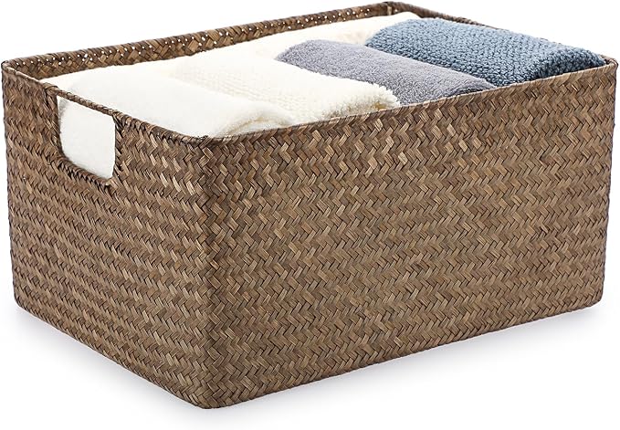 Hipiwe Wicker Storage Baskets Bin for Shelf Rectangular Seagrass Basket | Handwoven Opened Baskets Bin with Handle, Decorative Basket Box for Closet Bedroom Organizer