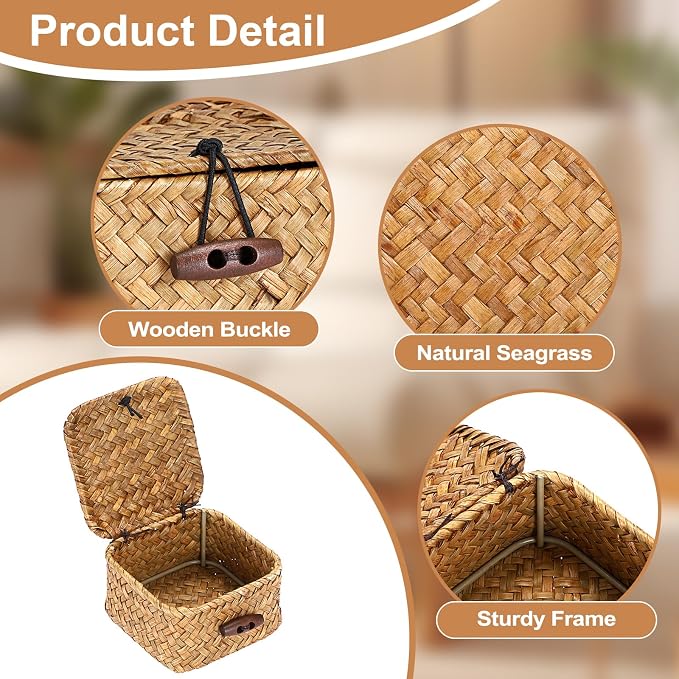 Hipiwe Handwoven Wicker Basket Box with Lid Small Seagrass Desk Organizer | Multipurpose Baskets Organizer for Remote Control Key, Rectangular Basket Box for Home Decor, Caramel 3.5" x 3.5" x 2"