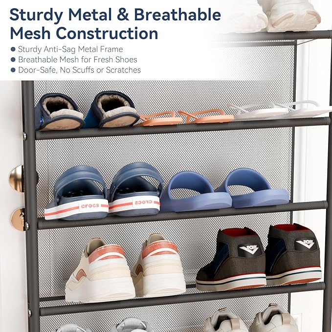 Whitmor 36 Pair Over the Door Shoe Organizer, 12 Tier Hanging Shoe Organizer, Heavy Duty Metal & Mesh Shoe Holder, Hanging Shoe Rack for Closet Storage, 74"H x 21.7"W x 7.5"D, Gunmetal Gray