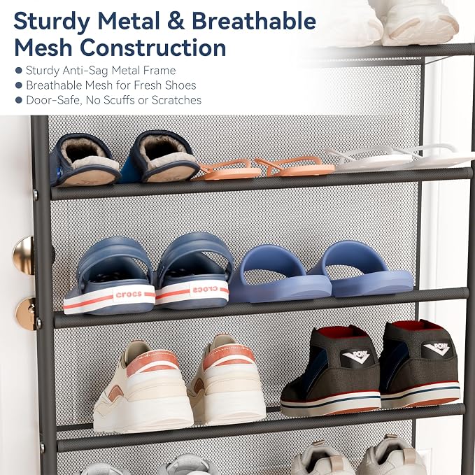 Whitmor 36 Pair Over The Door Shoe Organizer, 12 Tier Hanging Shoe Organizer, Heavy Duty Metal & Mesh Shoe Holder, Hanging Shoe Rack for Closet Organizer, 74" L x 21.7" W x 7.5" H, Matt Gunmetal